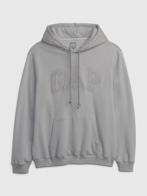 Soft cotton-blend hoodie.  Hooded neckline with drawcords.  Long sleeves with banded cuffs.  Gap arch logo at front.  Front kanga pockets.  Banded hem.  Straight silhouette with a relaxed fit.  Hits at the hip.  Models are 6′1″–6′2″ 185 cm–188 cm) with a 31″ 79 cm) waist & 32–33″ 81 cm–84 cm) inseam & are wearing Gap