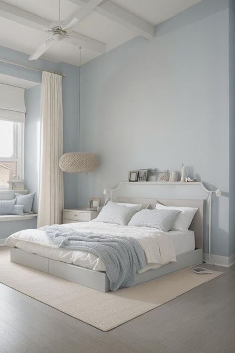 Imagine waking up each day to the soothing sounds of the ocean and gentle sunlight dancing on your walls. A modern coastal bedroom combines tranquility with Baby Blue Bedroom Aesthetic, Soft Blue Room, Bedroom Sky Blue, Dresser Lighting, Sky Blue Bedroom, Modern Coastal Bedroom Ideas, Blue And Cream Bedroom, Light Blue Rooms, Blue Girls Rooms