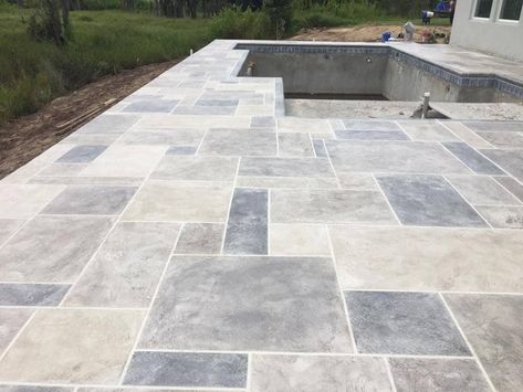 stamped-concrete-pool-deck Brick Stamped Concrete, Stamped Concrete Ideas, Stamped Concrete Pool Deck, Stamped Concrete Designs, Stamped Concrete Pool, Stamped Concrete Patio Designs, Patterned Concrete, Stamped Concrete Patterns, Patio Under Decks