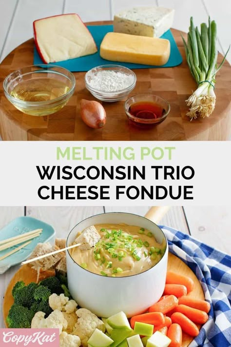 Enjoy the best cheese fondue made with butterkase, fontina, blue cheese, and white wine. Learn how to make classic Melting Pot Wisconsin Trio with this easy copycat recipe and video. Find out what to serve to dip in this flavorful cheese fondue. Blue Cheese Fondue Recipes, Melting Pot Wisconsin Cheddar Fondue, Fondue Cheese Recipe Melting Pot, Melting Pot Copycat Recipes, Copycat Melting Pot Recipes, Copycat Melting Pot Cheese Fondue, Cheese Fondue Board, Fondu Night, Melting Pot Cheese Fondue Recipe