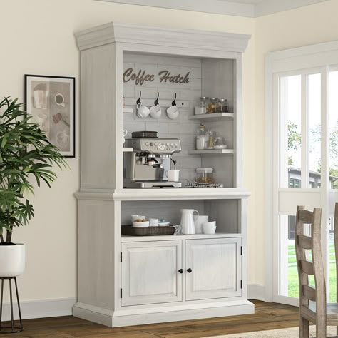 Vaughan White Farmhouse Kitchen Coffee Bar Station . Coffee Bar Tv Cabinet, Wardrobe Coffee Station, Coffee Bar Out Of Hutch, Coffee Bar Entertainment Center, Coffee Bar In Cabinet, Coffee Center Ideas, Vintage Farmhouse Furniture, Small Space Coffee Station, Coffe Bar In Kitchen