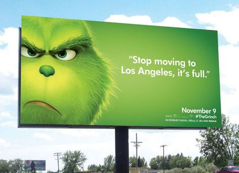 Movie Billboard, Billboard Campaign, Funny Billboards, Outdoor Advertising Billboard, Grinch Movie, The Grinch Movie, Billboard Advertising, Banner Design Inspiration, 광고 디자인