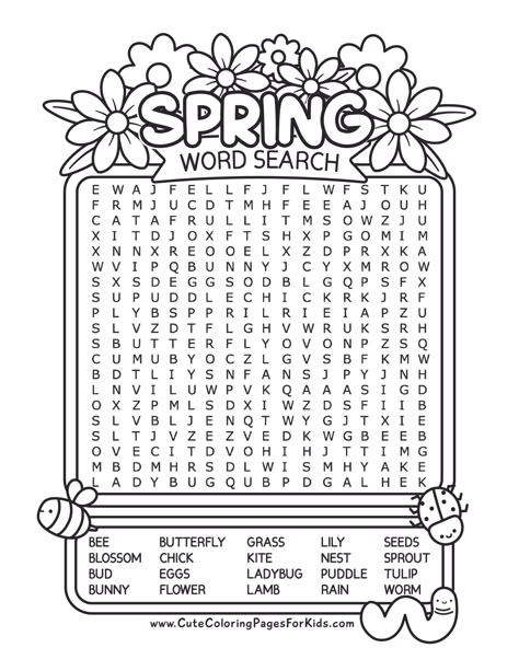 Celebrate spring with this fun and challenging free printable word search for kids.  Grab both challenge levels for kids of all ages.  There is a larger puzzle with 20 words, or you can download the smaller puzzle with just 10 easy words for young readers.  We also provide an optional answer sheet you can download as well! Cute Activity Sheets, Easter Activity Pages For Kids, Spring Worksheets 3rd Grade, Spring Activity Sheets Free Printables, Spring Activities For School Age, March Word Search Free Printable, 2nd Grade Fun Worksheets, Spring Puzzles Free Printable, April Word Search