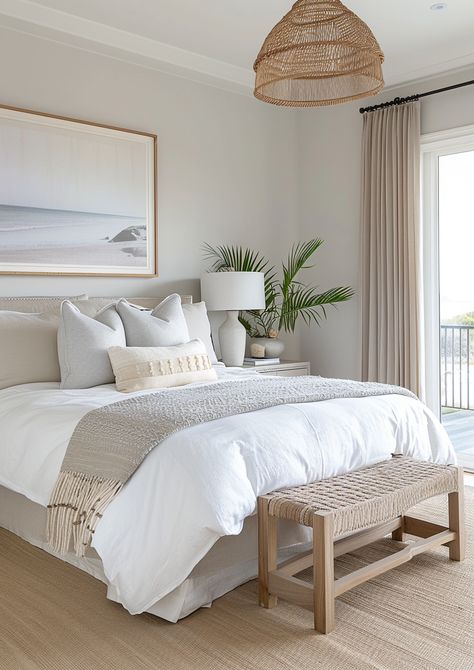 Ever dreamed of waking up by the sea? 🌊 Discover 29 soothing coastal bedroom ideas that will bring the calming vibes of the ocean into your home. From tranquil blues to natural textures, get inspired to create your perfect seaside sanctuary. Dive into these dreamy designs now! #CoastalLiving #BedroomInspiration #BeachDecor #HomeStyle #RelaxingSpaces Bedroom Modern Coastal, Florida Decorating Ideas Coastal Style Master Bedrooms, Airy Coastal Bedroom, Homely Bedroom Ideas, Fresh Bedroom Aesthetic, Natural Look Bedroom Ideas, Natural Bedding Ideas Bedrooms, Bedroom California Style, Sea Cottage Bedroom