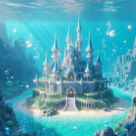 Underwater Castle Drawing, Underwater Castle Fantasy Art, Underwater Castle Aesthetic, Tropical Castle, Underwater Palace, Mermaid Palace, Outfits Background, Inside Building, Ocean Kingdom