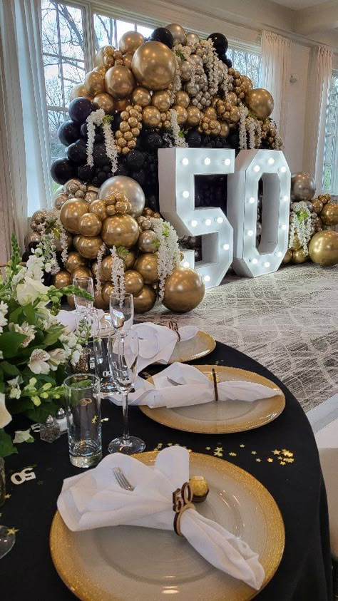 50 Celebration Ideas, 50th Anniversary Decor Ideas, Center Pieces For 50 Birthday, Formal 70th Birthday Party Ideas, Classy 50th Birthday Decorations, 50th Birthday Set Up, 50th Anniversary Balloons, 50th Anniversary Balloon Arch, Winter 50th Birthday Party Ideas