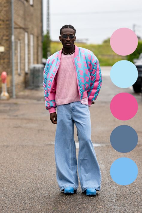 Men’s Colorful Fashion, Pink And Blue Outfit Men, Pastel Street Style, Street Wear Color Palette, Colourful Street Style, Colorful Outfits For Men, Colourful Mens Fashion, Pastel Color Outfit For Men, Pastel Clothing Aesthetic