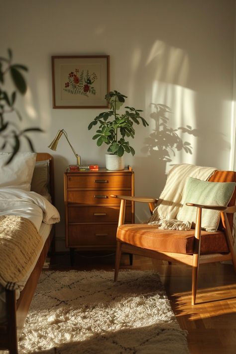 Mid Century Aesthetic Room, Good Interior Design, Interior Design Retro Modern, Mid Century Modern Small Space, Mid Century Inspiration, Contemporary Retro Interior Design, Mid Century Inspired Bedroom, Mid Century Contemporary Bedroom, Mid Century Modern Style Bedroom