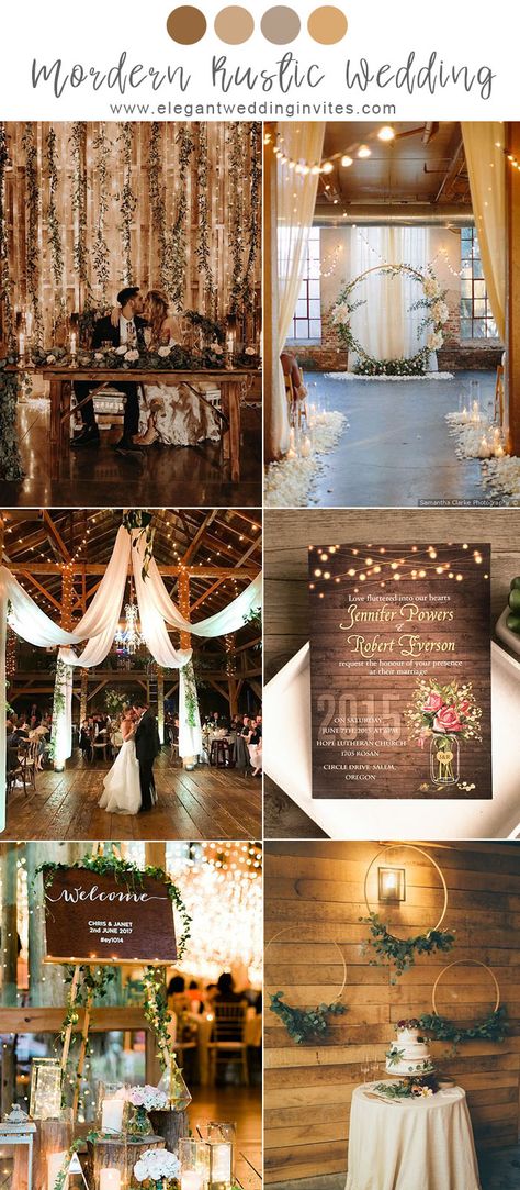 modern rustic barn theme wedding ideas with romantic lights Wedding Decor Themes Color Schemes, Rustic Romantic Wedding Theme, Spring Farmhouse Wedding Ideas, March Wedding Colors Rustic, June Wedding Colors Schemes Rustic, Rustic Farmhouse Wedding Decor, Spring Barn Wedding Colors, Romantic Wedding Vibes, Reception Color Schemes