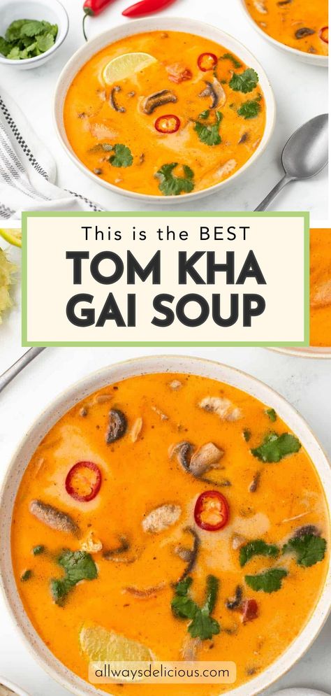 Tom Kha Gai, a classic Thai soup, brings warmth and comfort. Imagine creamy coconut milk mingling with a gentle chili kick, tender chicken, and meaty mushrooms. The aromatic blend of galangal, lemongrass, and makrut lime leaves transports you to a soothing haven. It’s proof that simplicity, crafted with care, can be the most satisfying escape. Asian Soup Vegetarian, Comfort Asian Food, Thom Ka Gai Soup Vegan, Chicken Tom Kha Soup, Tom Kha Soup Vegetarian, Thom Ka Soup, Vietnamese Recipes Soup, Tom Kai Soup Coconut Milk, Thom Ka Gai Soup