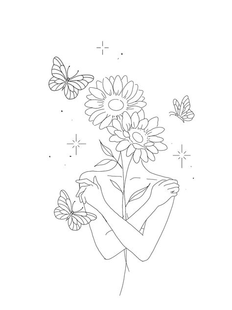 Still Growing Tattoos, Woman And Butterfly, Side Hip Tattoos, Butterfly Line Art, Sunflower Coloring Pages, Stick Drawings, Mommy Tattoos, Infinity Tattoos, Family Drawing