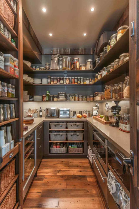 29 Modern Pantries with a Touch of Rustic Charm Cozy Pantry Ideas, House Design Wood Interior, Perfect Kitchen Organization, Dream Home Pantry, Amazing Pantry Walk In, Barndominium Pantry Ideas, Rustic Pantry Shelving Ideas, Tuscan Pantry, Barndominium Pantry