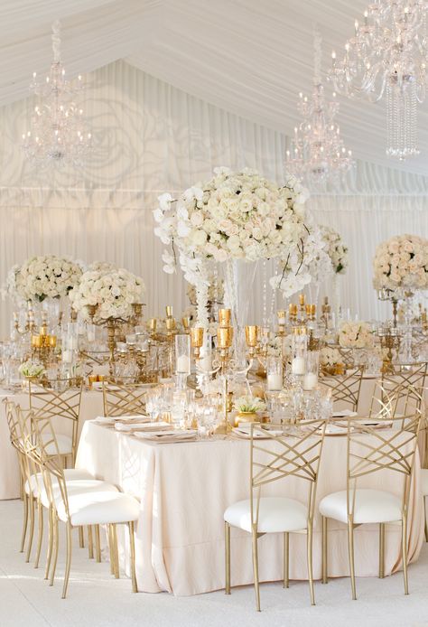 Follow us @SIGNATUREBRIDE on Twitter and on FACEBOOK @ SIGNATURE BRIDE MAGAZINE 48 Table, White Wedding Decorations, Rustic Wedding Decorations, Inside Weddings, Gold Wedding Theme, Elegant Wedding Reception, All White Wedding, Gold Wedding Decorations, Party Events