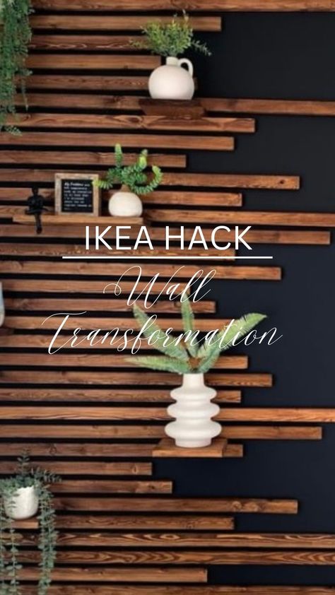 Ikea Hacks and Inspo | Elevate your wall with black paint, wooden slats and a touch of greenery! 🤗💫🌿 @riahanne shows us how to turn your bland wall to bold! 😃… | Instagram Ikea Slat Wall Hack, Wooden Slat Wall Decor, Slat Wall With Black Wall, Wall Slats With Shelves, Diy Slat Accent Wall, Wooden Slat Wall With Shelves, Accent Walls With Doors, Cover Up Wall Ideas, Slat Furniture Diy