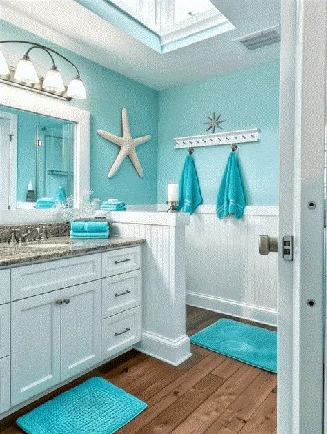 Ocean Bathroom Ideas, Small Coastal Bathroom Ideas, Small Coastal Bathroom, Beach Theme Bathroom Decor, Aqua Bathroom, Turquoise Bathroom, Beachy Bathroom, Beach House Bathroom, Beach Theme Bathroom