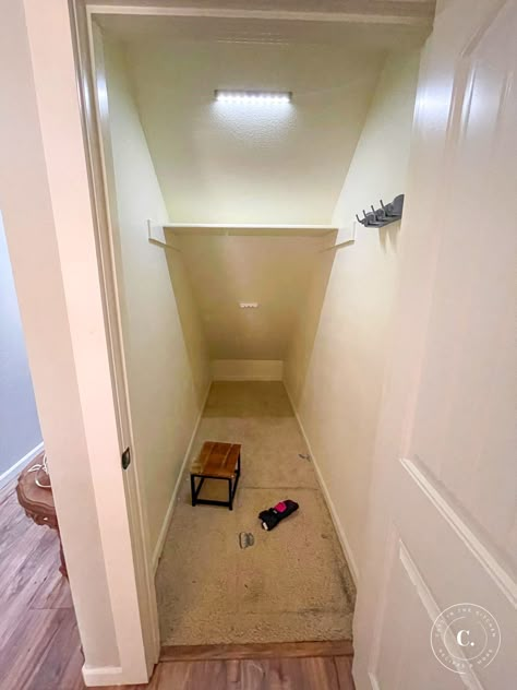 Closet Designs Under Stairs, Under Staircase Pantry Shelving Ideas, Under Closet Storage, Under The Basement Stairs Storage, Diy Pantry In Closet, Pantry Organization Ideas Under Stairs, Small Pantry Design Under Stairs, Uses For Under The Stairs, Shelves For Under Stairs Closet