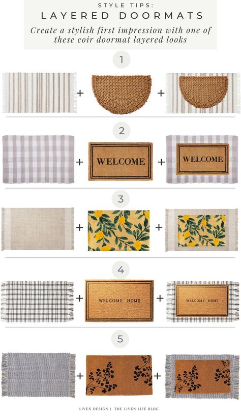 Layered doormat looks. Spring doormats. spring welcome mats. how to layer coir doormats. design style tips. half moon coir doormat. woven accent outdoor rug. buffalo plaid check rug. neutral rug. front entry. spring front door. spring front porch. curb appeal. welcome door mat. modern doormat. blue woven front door rug. beige outdoor door mat. lemon print. floral coir doormat. woven coir doormat #home #styletips #homedecortips #interiordesign #frontdoor #coir #doormat Porch Curb Appeal, Layered Doormat, Front Porch Curb Appeal, Apartment Front Doors, Front Porch Mat, Spring Doormats, Check Rug, Modern Doormats, Front Door Rugs