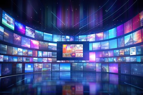 Smart tv digital media wall of screens e... | Premium Photo #Freepik #photo #smart-tv #television #tv #tv-screen Digital Media Wall, Tv Installation, Tv Digital, Event Management Company, Tv Screen, Media Wall, Entertainment Video, Organization Planning, Tv Entertainment