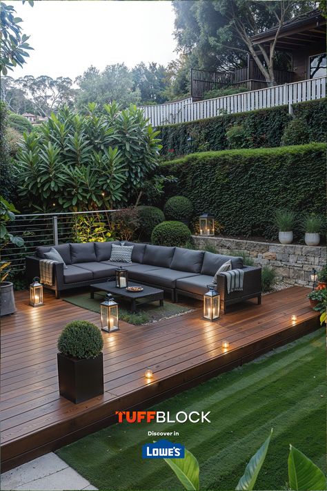 stunning floating deck with outdoor furniture and lush green grass Covered Floating Deck, Platform Deck Ideas, Low Deck Ideas, Tuffblock Deck, Low Profile Deck, Cozy Yard, Build A Floating Deck, Deck Blocks, Mobile Home Deck