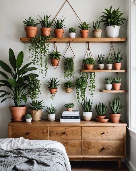 20 Way To Decorate Your Bedroom Dresser, Boho Style – ToolzView Plant Wall Bedroom, Gallery Wall With Plants, Plants In Bedroom Ideas, Indoor Plants Styling Living Rooms, Plant Ideas Indoor, Dresser Boho, Dresser Aesthetic, Boho Plant Decor, Plant Wall Diy