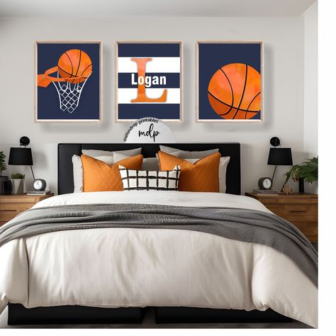 "If you're a busy mom searching for affordable and personalized sports art for your nursery or toddler's bedroom, you're sure to love this PRINTABLE basketball wall art. This collection includes three basketball theme printables, perfect for your nursery, toddler or big kiddo's sports theme bedroom. The center printable file features your kiddo's name and initial. This listing is for an INSTANT DOWNLOAD in FOUR sizes:  5\"x7\" // 8\"x10\" // 11\"x14\" // 16\"x20\".  Digital files are completed in jpg format (300 dpi) and are available immediately upon completion of your order (with the exception of the personalized print; see below). For instructions on how to download your files, click here: https://etsy.me/38aG0Tn The personalized name file will be emailed to you within one to five busin Nba Bedroom Ideas, Boys Room Basketball Theme, Boys Bedroom Ideas Basketball Theme, Basketball Theme Room Bedroom Ideas, Basketball Toddler Room, Teen Basketball Room, Boys Sports Themed Bedroom, Sport Theme Bedroom, Boys Basketball Bedroom Ideas