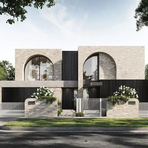 Arch Exterior Design, Modern Townhouse Designs Exterior, Brick Archway Exterior, Arch Facade Design, Villa Facade Design Modern, Duplex Exterior Design, Contemporary Facade Design, Modern Villa Elevation, Modern Classic House Exterior