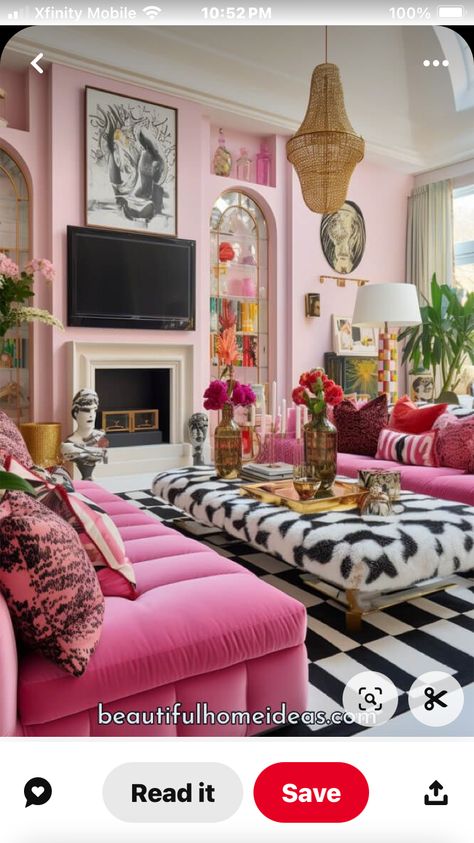 Hot Pink Couch Living Room, Hot Pink Living Room Ideas, Maximist Decor Living Room, Pink Maximalist Living Room, Girly Maximalist Decor, Girly Maximalism, Pink Maximalist Decor, Maximalist Decor Apartments, Bohemian Maximalist Decor