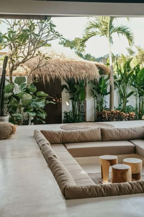 Bali Interior Design, U Couch, Balinese Villa, Bali Style Home, Tropical Interiors, Bali House, Tropical Architecture, Tropical Resort, Concrete House