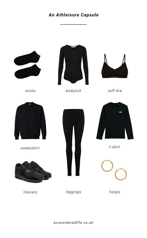 All Black Capsule Wardrobe, Plain Black Sweatshirt, Black Capsule Wardrobe, Black Athleisure Outfits, Postpartum Style, Capsule Clothing, Athleisure Capsule Wardrobe, Athleisure Capsule, Capsule Wardrobe 2022