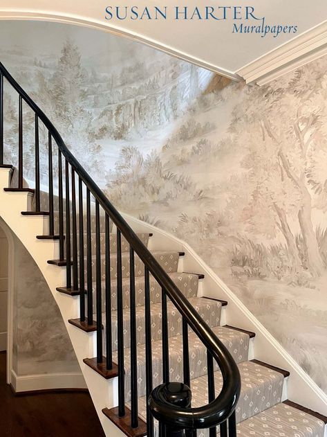 Luxury grisaille mural wallpaper by Susan Harter Muralpapers Mural Wallpaper Staircase, Two Story Foyer Wallpaper, Curved Staircase Wallpaper, Mural Staircase, Panel Wallpaper Staircase, Spiral Staircase With Wallpaper, Ideas For Stairway Walls, Stairs Wallpaper, White House Mural Wallpaper