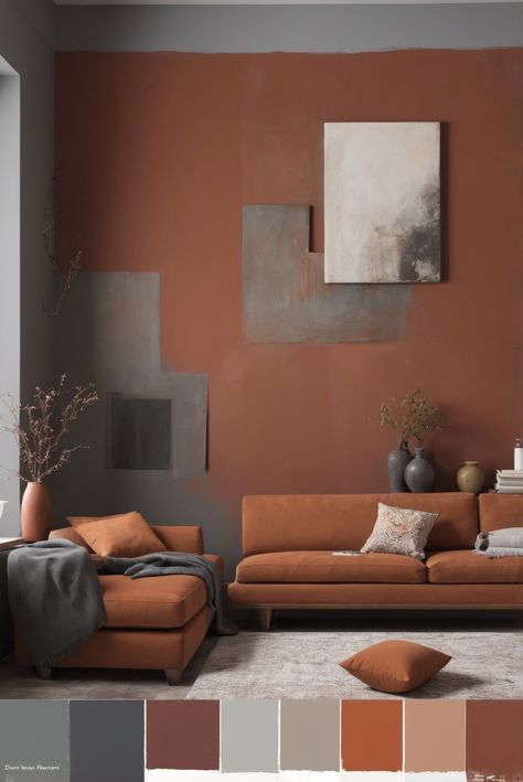 Grey Brown Rust Living Room, Rust Walls Living Room, Rust Accent Wall Living Room, Terra Cotta Accent Wall Living Room, Rust Interior Design, Cinnamon Wall Color, Rust Colour Living Room, Rust Paint Color Accent Walls, Rust Color Accent Wall