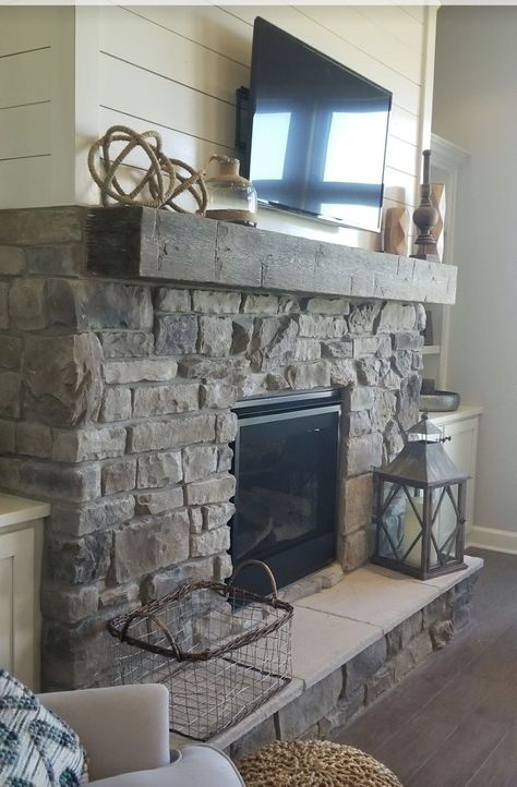 Farmhouse Fireplace Stone And Shiplap, Mantles On Stone Fireplaces, Stone Fireplace With Shiplap On Sides, Shiplap Rock Fireplace, Half Rock Half Shiplap Fireplace, Rock Hearth Fireplace, Stone Fireplace With Shiplap Above Mantle, Rock Fireplace With Shiplap, Fireplaces With Shiplap And Stone