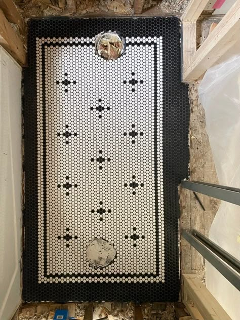 DIY Vintage-Inspired Patterned Penny Tile Bathroom Floor Bathroom Floor Tile Vintage, Vintage Hex Tile Bathroom, Penny Tiles Shower Floor, Penny Tile Words Bathroom, Marble Look Tile Bathroom Floor, Penny Tile Vestibule, Classic Penny Tile Bathroom, Diy Penny Tile Floor, Black White Penny Tile Bathroom