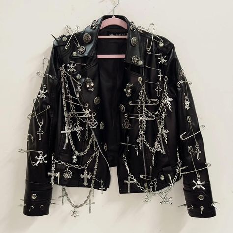 Black faux leather punk jacket 

Customised item... - Depop Customised Leather Jacket, Punk Jacket Ideas, Goth Battle Jacket, Punk Jacket Diy, Leather Jacket Ideas, Ripped Jeans With Fishnets, Gothic Diy, Punk Leather Jacket, Goth Jacket