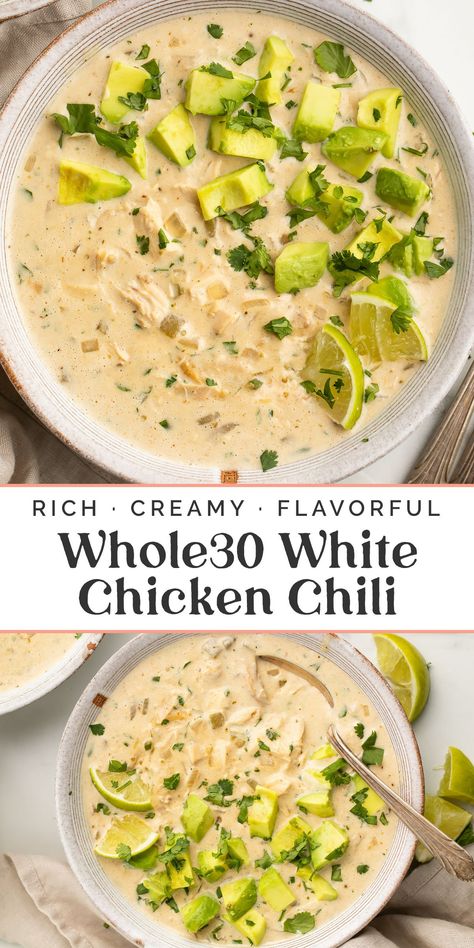 This white chicken chili is super rich and creamy, with tons of flavor, AND it’s Whole30 compliant! Dairy-free, grain-free, and gluten-free, this soup recipe fits perfectly into a round, and your family wouldn’t even know it’s paleo. Quick and easy to make in under 30 minutes, too! Whole 30 White Chicken Chili Instant Pot, Whole30 Chicken Chili, White Chicken Chili Whole 30 Crock Pot, Gluten And Dairy Free Main Dishes, Paleo Chicken Crockpot Recipes Whole 30, Lactose Free White Chicken Chili, Whole 30 Chicken Chowder Recipe, Easy Healthy White Chicken Chili, Whole Food Chili Recipe