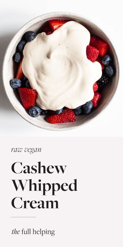 This raw vegan cashew whipped cream has a thick consistency that makes it perfect for serving with your favorite plant-based desserts. Perfect with pie or a tart, and also great as a topping for fresh fruit! #vegan #rawfood #plantbased Cashew Cream Dessert, China Study Recipes, Vegan Healthy Desserts, Cashew Cream Recipe, Cream Desserts Recipes, Healthy Substitutes, Cashew Cream Sauce, Cheese Sauces, China Study