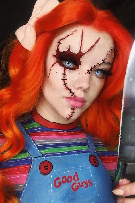 Chucky Sfx Makeup, Chucky Make Up Woman, Chunky Makeup Halloween, Chucky Makeup Female Glam, Chuky Doll Makeup, Chuky Doll Costume, Horror Movie Inspired Makeup, Chucky Makeup Look, Chucky Doll Makeup