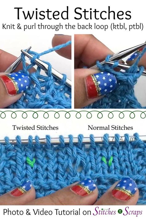 Add texture to your knitting with twisted stitches! Learn to knit through the back loop (ktbl) and purl through the back loop (ptbl) in this photo and video tutorial. #knit #knitting #knittingtutorial #twistedstitches #ktbl #ptbl #stitchesnscraps Knit Through Back Loop, Twisted Stitch Knitting, Twisted Knit Stitch, Ktbl Knit, Types Of Knitting Stitches, Tutorial Knitting, Knit Purl Stitches, Candy Arrangements, Knitting Hacks