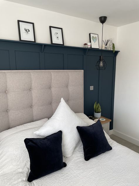 Jose's Review | Blue 07 paint | Lick Navy Bedroom Panelling Wall, Navy Wood Panelling Bedroom, Hague Blue Panelling Bedroom, Lick Blue 07 Paint, Blue Panelling Bedroom Ideas, Navy Wall Panelling Bedroom, Blue Wall Panelling Bedroom, Blue Half Wall Paneling, Dark Blue And Neutral Bedroom