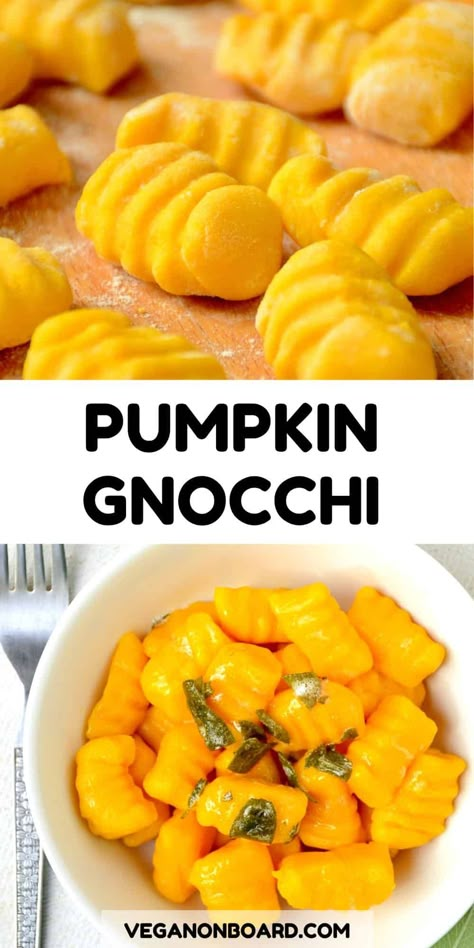 These easy pumpkin gnocchi need just a few ingredients to create a delicious autumnal meal. This recipe will show you how to make your own gnocchi, and a simple vegan sage butter to cover them in! Try these pumpkin gnocchi for a tasty fall dinner! Dinner No Meat Recipes, Sweet Potato Pumpkin Gnocchi, Dinner Recipes Autumn, Autumn Meals Vegetarian, Roasted Pumpkin Recipes Healthy, Dinner Pumpkin Recipes, Baked Pumpkin Recipes Dinner, Autumn Vegan Meals, Butter Pumpkin Recipes