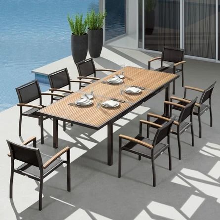 Latitude Run® Cesilia Extendable 8 - Person Outdoor Dining Set, Patio Table set with Aluminum Frame, FSC Teak Tabletop | Wayfair Outdoor Dining Table Setting, Patio Table Set, Teak Outdoor Furniture, Teak Frame, Under The Table, Teak Outdoor, Living Styles, Teak Furniture, Patio Dining Set