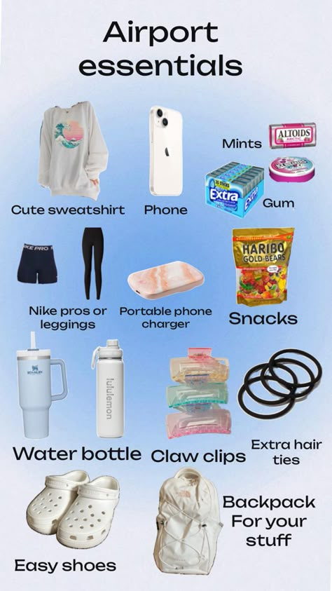 These are some airport essentials if you are traveling that you will love!🩷🩷🩷 Airport Essentials, Road Trip Necessities, Trip Essentials Packing Lists, Travel Backpack Essentials, What To Pack For Vacation, Sleepover Essentials, Road Trip Bag, Road Trip Kit, Beach Hacks Tips And Tricks