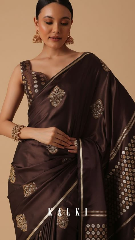 Brown Banarasi Lehenga, Dark Brown Saree, Brown Silk Saree, Brown Saree, Velvet Saree, Elegant Dressing, Engagement Look, Indian Women Fashion, Banarsi Saree