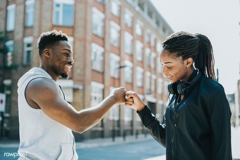 Fitness partners doing a fist bump | premium image by rawpixel.com / Chanikarn Thongsupa Fist Bump Drawing, Athletic Couples, Urban Running, Action Pose Reference, Team Bonding, Fist Bump, Athletic Girls, Fitness Photography, Fit Couples