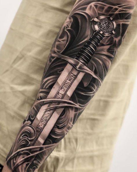 @mdwipeoutz: “Here's an awesome #blackandgrey #sword #tattoo by @castillo.dario that we love! Be sure to stock up…” Knight Warrior Tattoo, Gladiator Tattoo Swords, Till Valhalla Tattoo, Knight Tattoo Warriors, Men Flower Tattoo Sleeve, Mens Tattoo Sleeves, Best Sleeve Tattoos Men, Viking Warrior Tattoos, Warrior Tattoo Sleeve