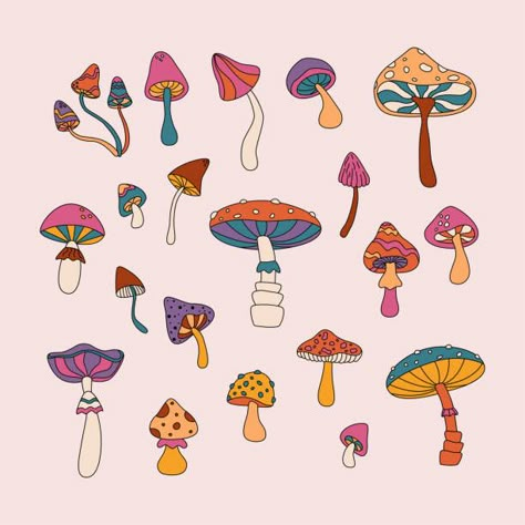 Mushroom Garden Illustration, How To Draw Cartoon Mushrooms, Mushroom Tops Drawing, Fun Mushroom Art, Animated Mushroom Drawing, Mushroom Wall Drawing, Simple Mushroom Illustration, Retro Mushroom Illustration, Mushroom Posca Art