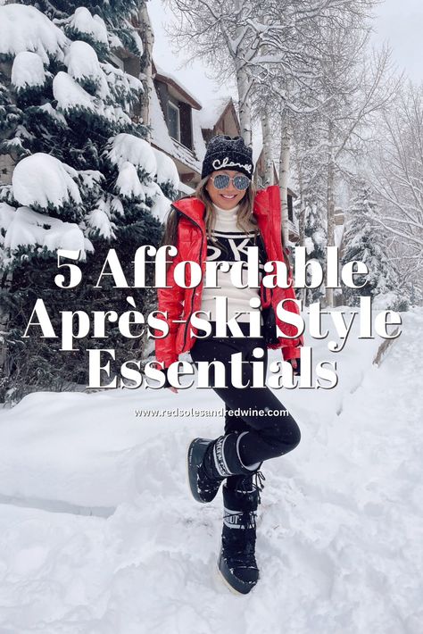 Affordable Après-ski Style essentials that are alternatives to high-end ski fashion! Perfect Moment Sweaters, Moon Boots, SAM Puffer Jackets Apres Skiing Outfit, Apres Chic Style, Womens Apres Ski Outfits, Apres Ski Outfit 2024, Silver Ski Outfit, Apres Ski Looks Women, Ski Town Outfits For Women, Apres Ski Style What To Wear, Apres Ski Style Outfit