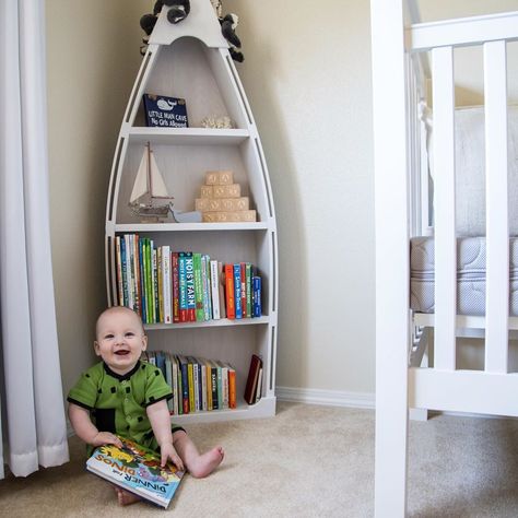 Nautical themed nursery, boat bookcase, neutral, baby boy, baby girl, design, interior design, nursery inspiration Boat Bookshelf, Nautical Baby Bedding, Boat Bookcase, Nursery Inspiration Boy, Nautical Room Decor, Nursery Ideas Boy, Boat Shelf, Nautical Nursery Boy, Nautical Room