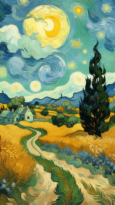 Van Gogh-style landscape from Act | Facts | Ideas Vincent Van Gogh Style Painting, Neo Impressionism Art, Van Gogh Inspiration, Impressionism Painting Ideas, Post Impressionism Art Paintings, Pointilism Paintings, Van Gogh Inspired Paintings, Impressionism Art Landscape, Impressionism Van Gogh