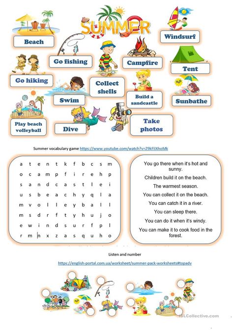 Summer pack - English ESL Worksheets for distance learning and physical classrooms Summer Esl Activities For Kids, Summer Time Worksheets, Summer Camp Worksheets, Summer English Worksheet, Summer Vocabulary For Kids, Holiday Worksheets For Kids, Summer Holidays Worksheet, Vacation Activities For Kids, Summer Worksheets For Kids